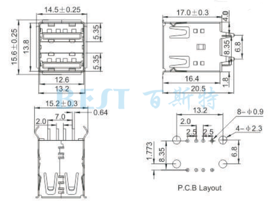 USB插座USB-A2-02参考图纸